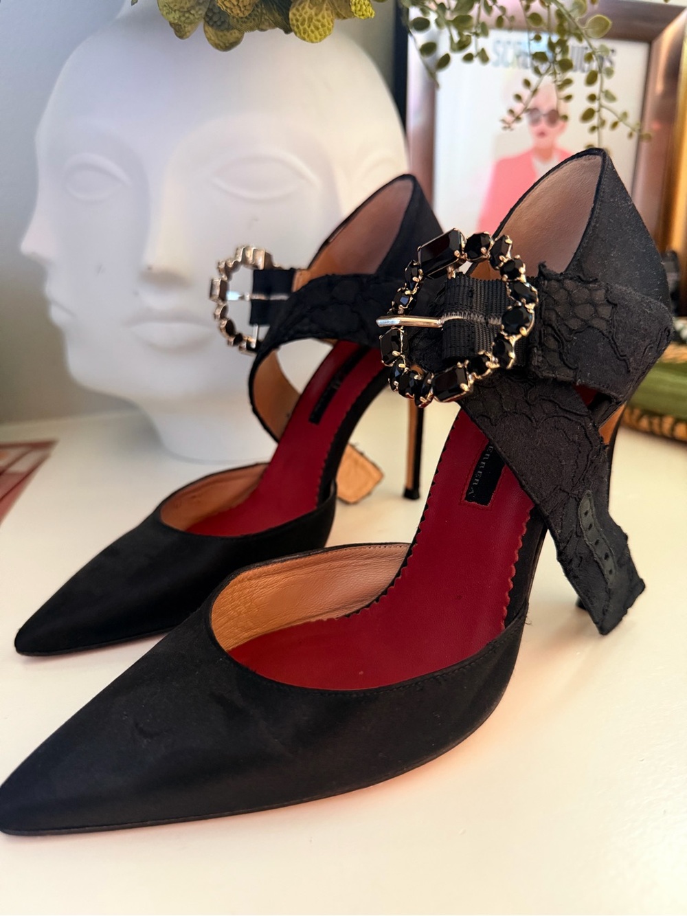 Carolina Herrera Black Pointed-Toe Heels with Decorative Gold Buckle